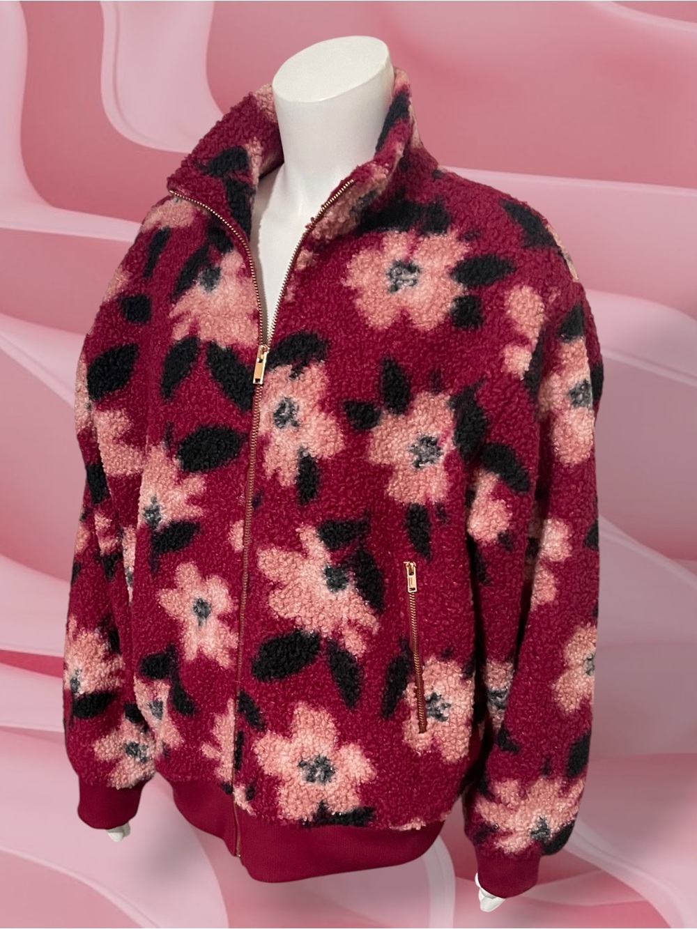Lacey Chabert Collection Full-Zip Sherpa Bomber Jacket Sangria Blooms Floral L